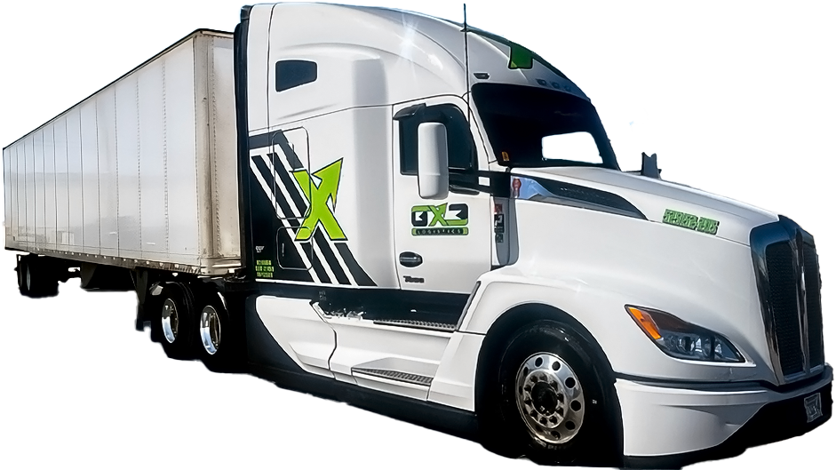 Lineup of GX3 semi-trucks with vibrant green X logo parked at a truck stop